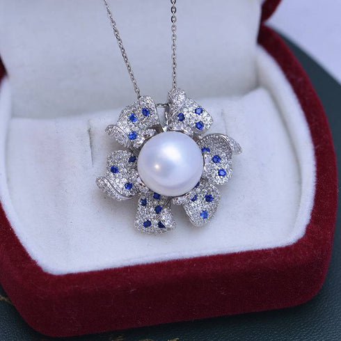 11-12mm Freshwater Pearl &  Full CZ Blue Gem Necklace - House Of Pearls